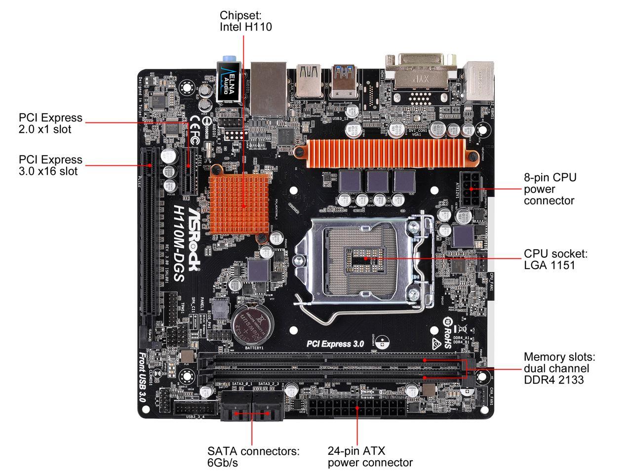 ASRock H110M-DGS R3.0 LGA 1151 Intel H110 SATA 6Gb/s USB 3.0 Micro ATX Motherboards - Intel