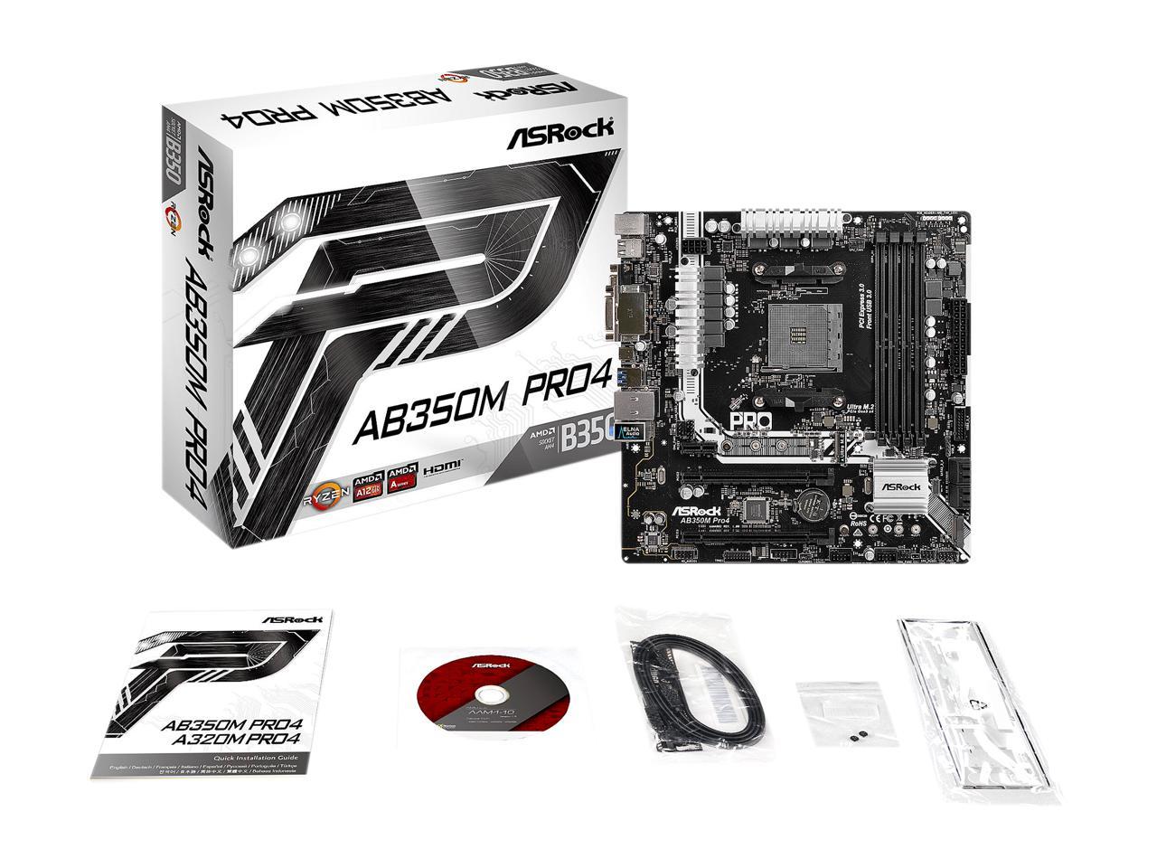 ASRock AB350M Pro4 AM4 AMD Promontory B350 SATA 6Gb/s USB 3.1 HDMI Micro ATX AMD Motherboard
