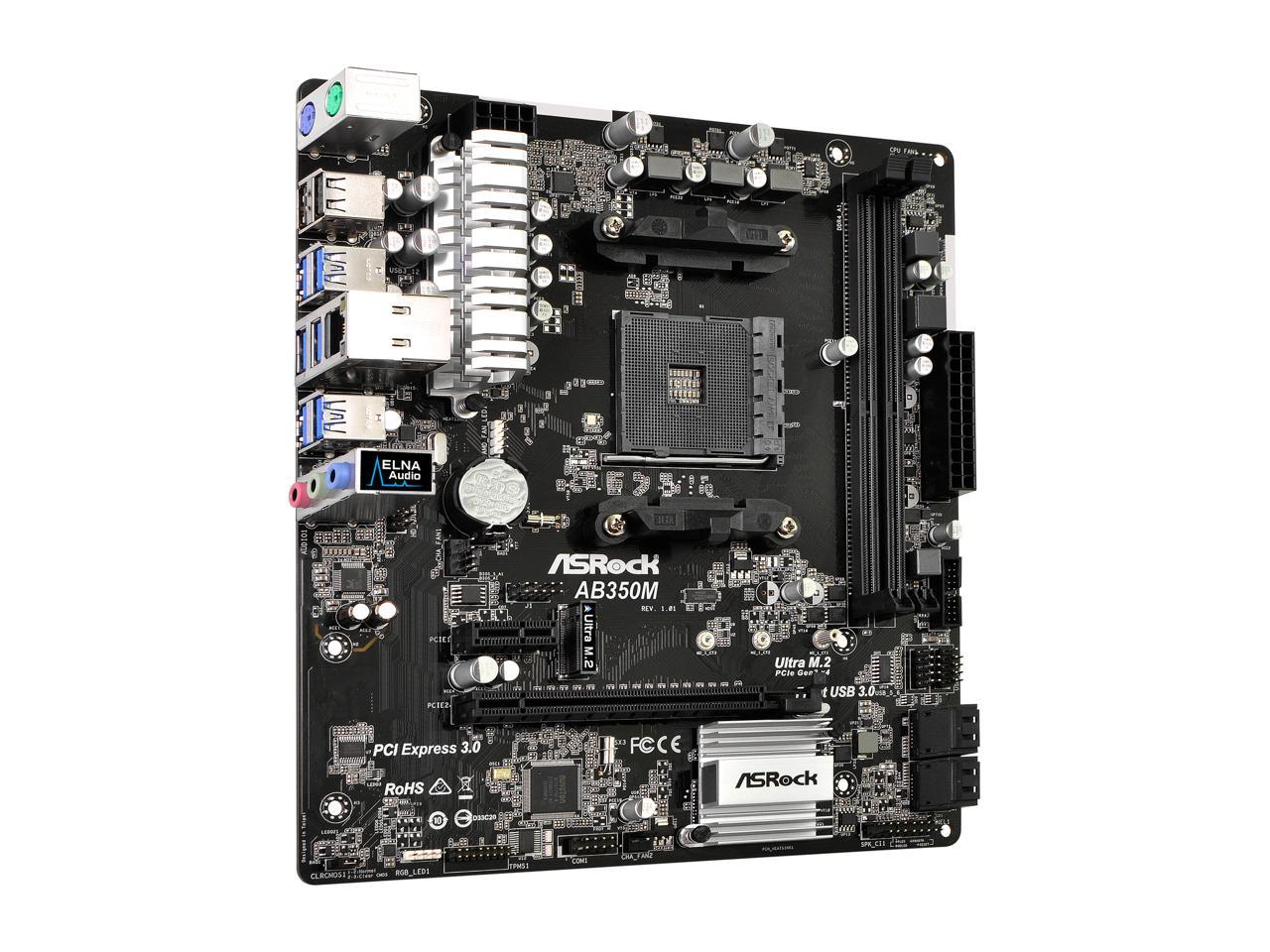 ASRock AB350M AM4 AMD Promontory B350 SATA 6Gb/s USB 3.1 Micro ATX AMD Motherboard