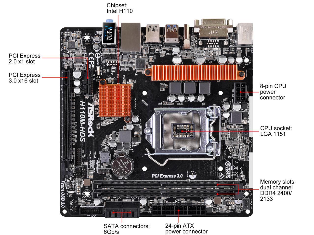 ASRock H110M-HDS R3.0 LGA 1151 Intel H110 HDMI SATA 6Gb/s USB 3.0 Micro ATX Motherboards - Intel