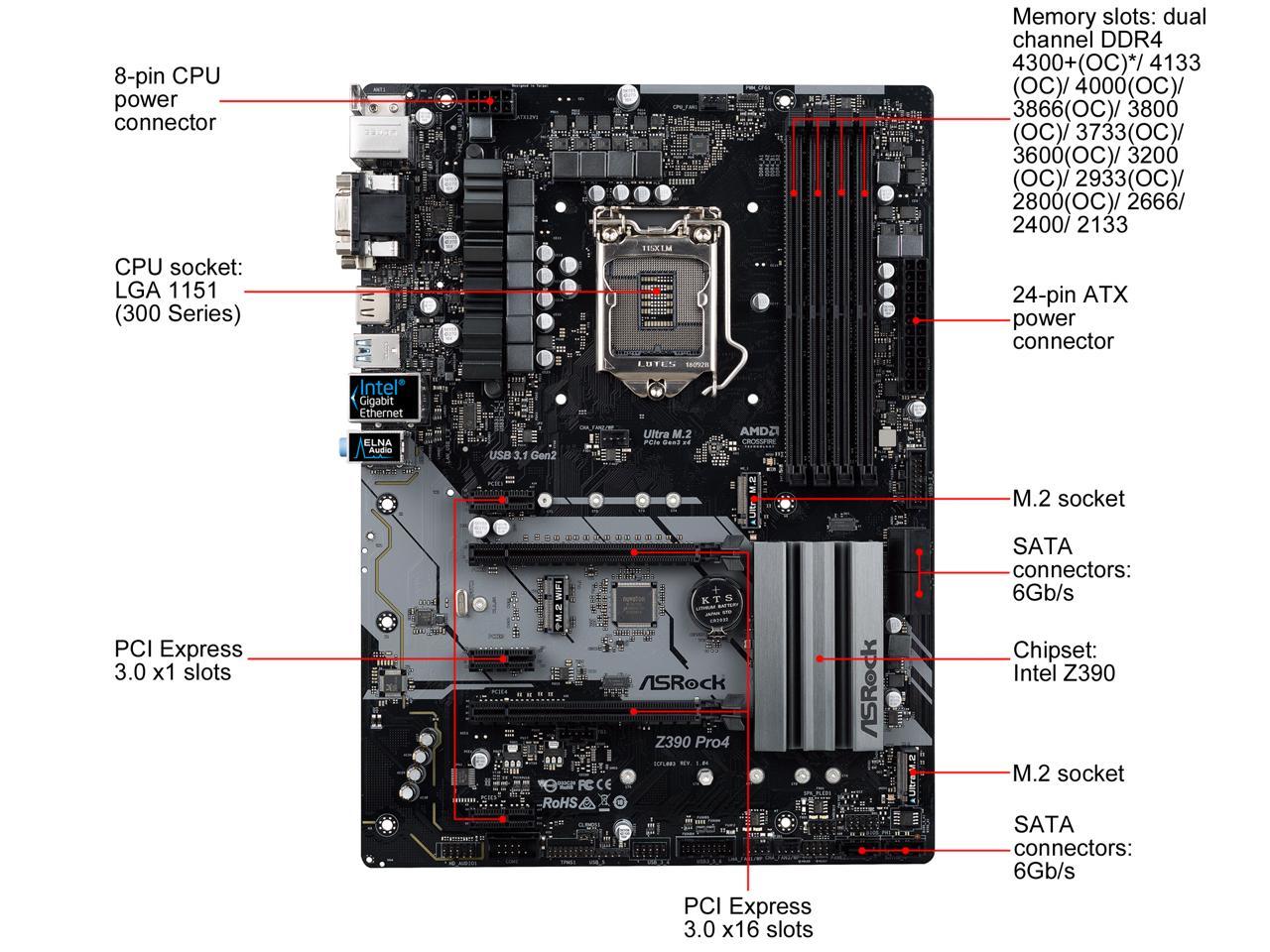 ASRock Z390 Pro4 LGA 1151 (300 Series) Intel Z390 SATA 6Gb/s ATX Intel Motherboard