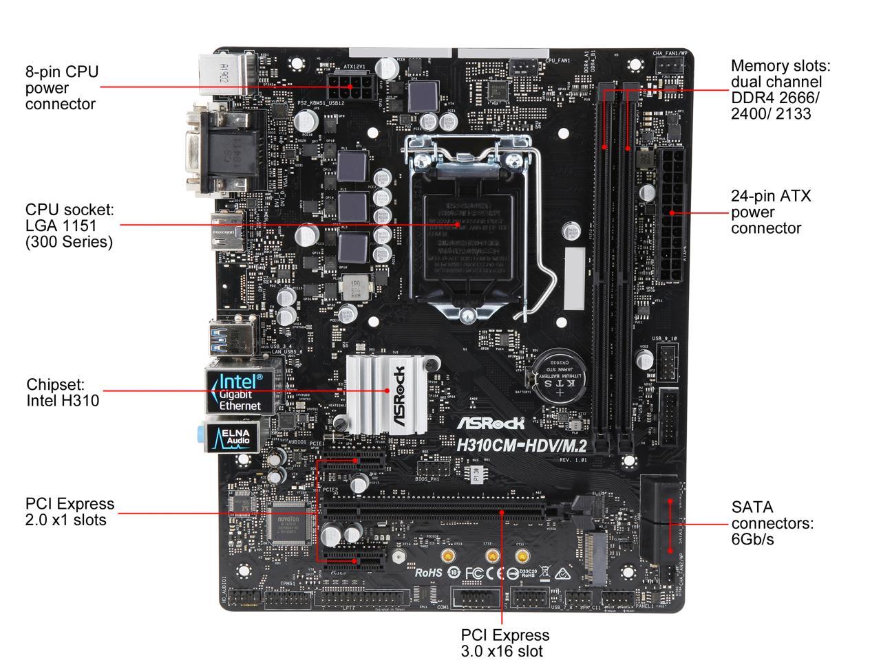 ASRock H310CM-HDV/M.2 LGA 1151 (300 Series) Intel H310 HDMI SATA 6Gb/s USB 3.1 Micro ATX Intel Motherboard