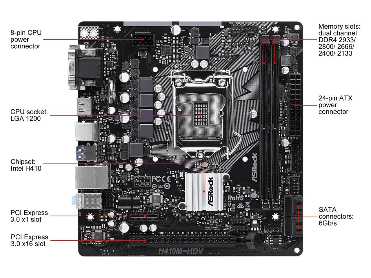 ASRock H410M-HDV LGA 1200 Intel H410 SATA 6Gb/s Micro ATX Intel Motherboard