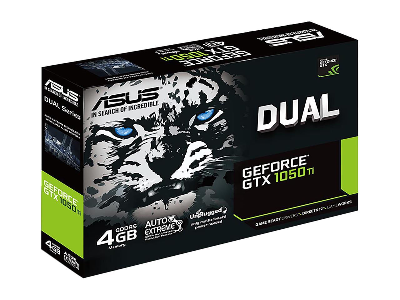 ASUS GeForce GTX 1050 Ti DirectX 12 DUAL-GTX1050TI-O4G 4GB 128-Bit GDDR5 PCI Express 3.0 HDCP Ready Video Card