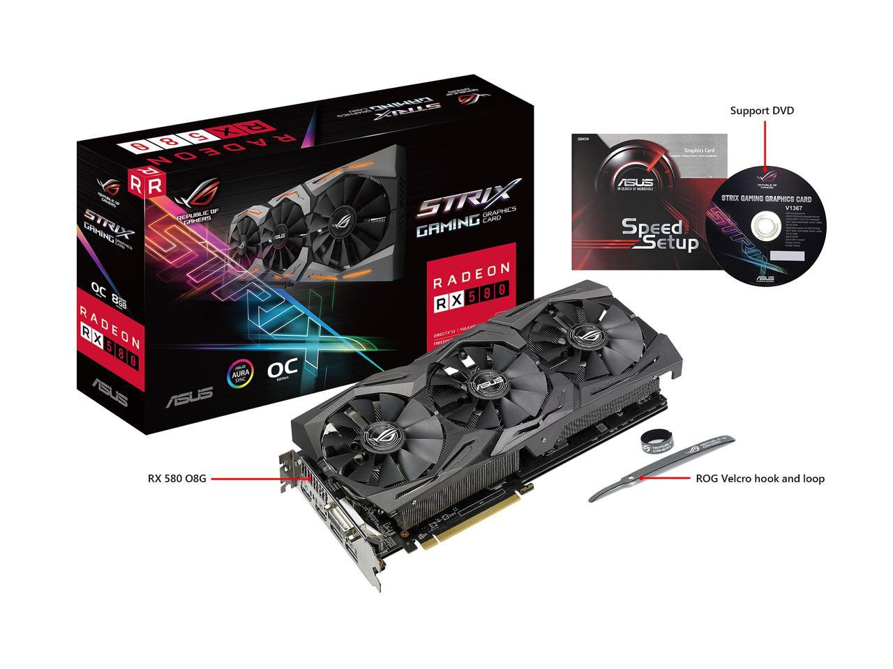 ASUS ROG Strix Radeon RX 580 O8G Gaming OC Edition GDDR5 DP HDMI DVI VR Ready AMD Graphics Card with RGB Lighting (ROG-STRIX-RX580-O8G-GAMING)