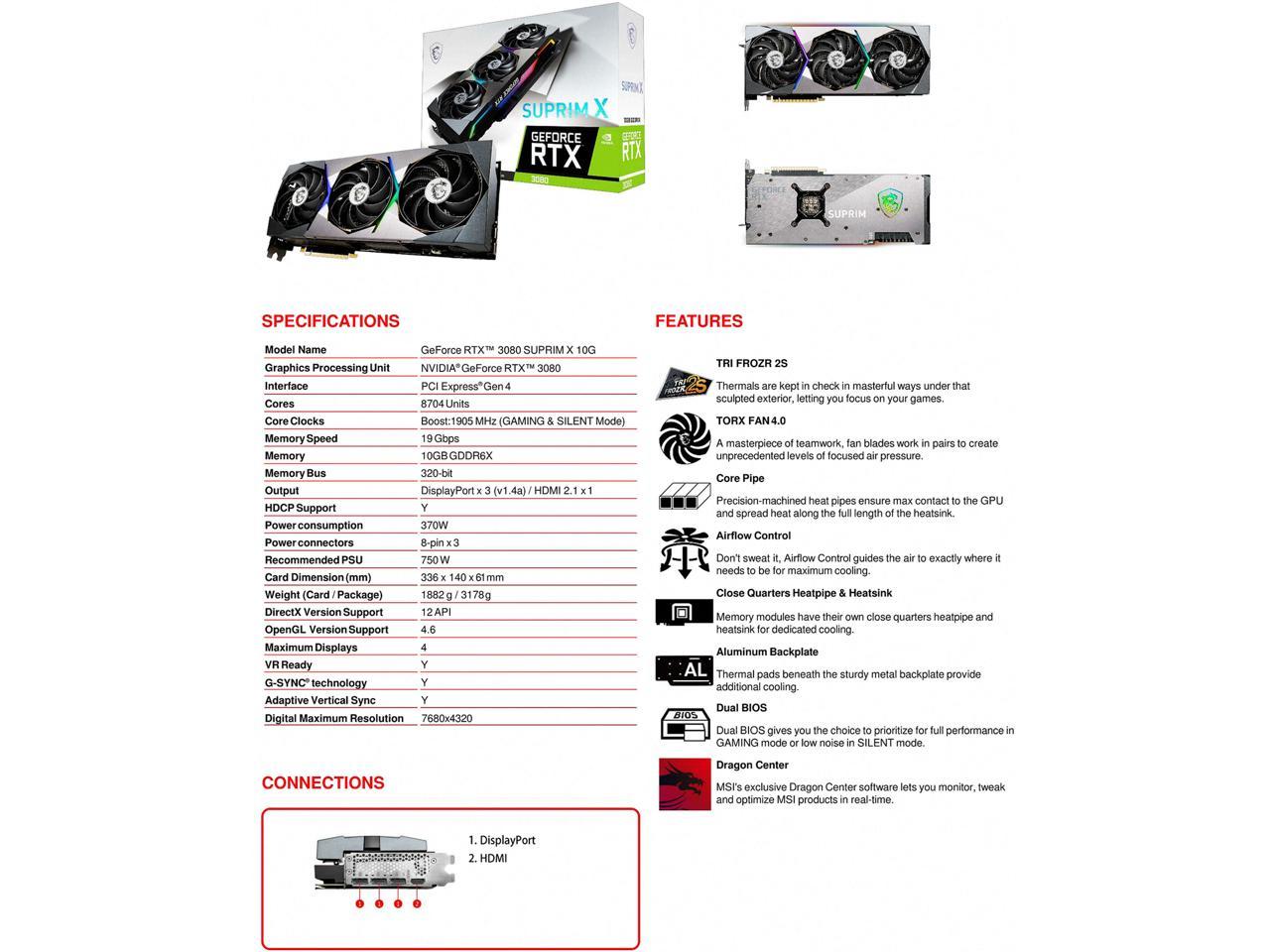 MSI GeForce RTX 3080 RTX 3080 SUPRIM X 10G 10GB 320-Bit GDDR6X Video Card