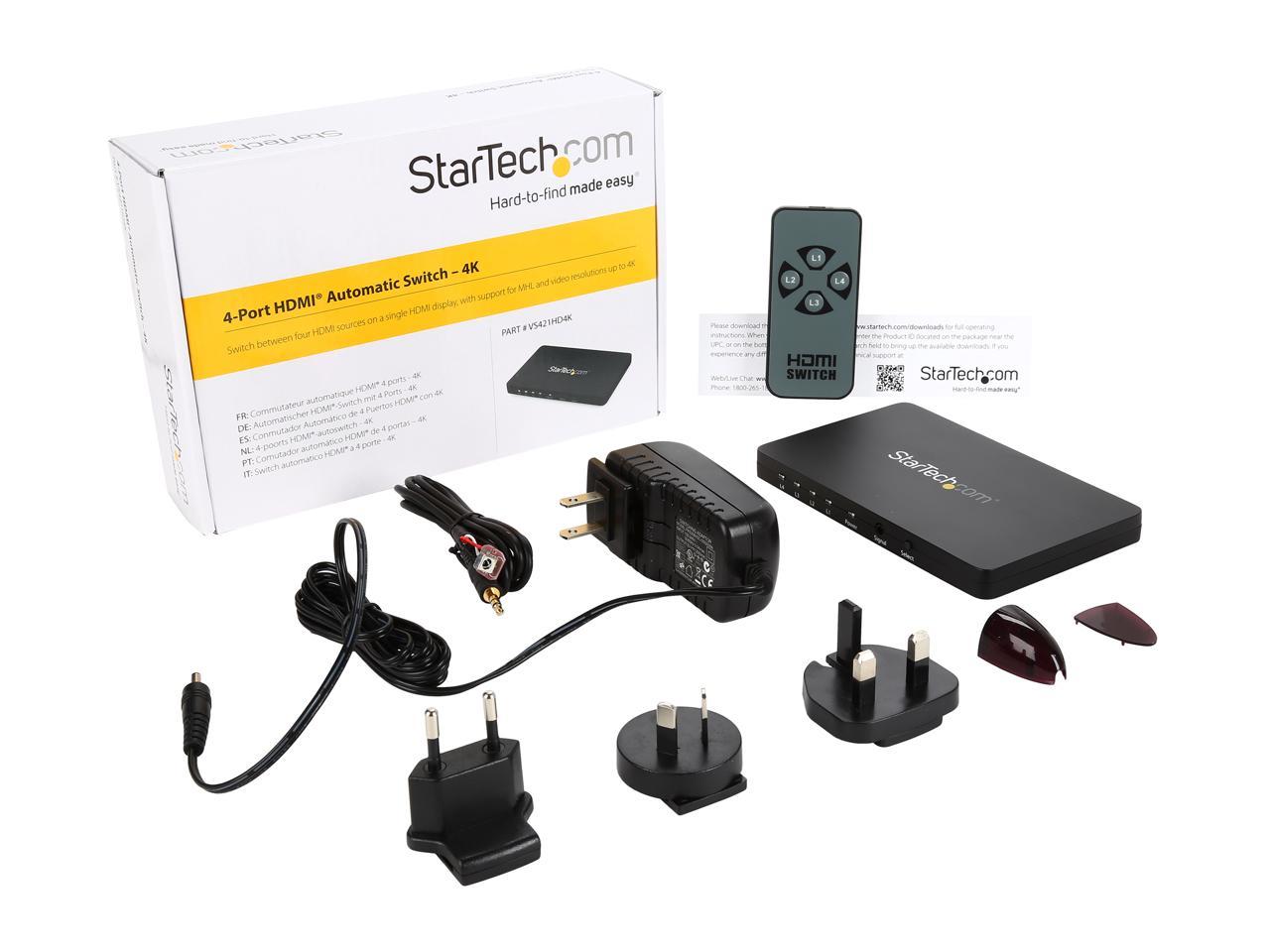 StarTech.com VS421HD4K 4-Port HDMI automatic video switch w/ aluminum housing and MHL support - 4K 30Hz