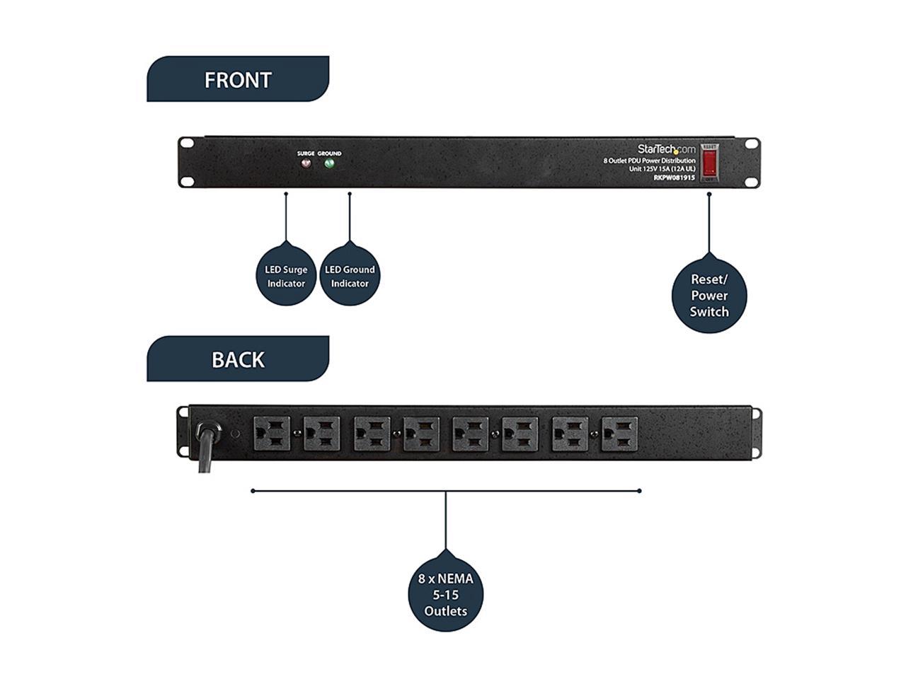 StarTech.com RKPW081915 Rackmount PDU with 8 Outlets with Surge Protection - 19 in Power Distribution Unit - 1U