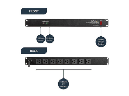StarTech.com RKPW081915 Rackmount PDU with 8 Outlets with Surge Protection - 19 in Power Distribution Unit - 1U