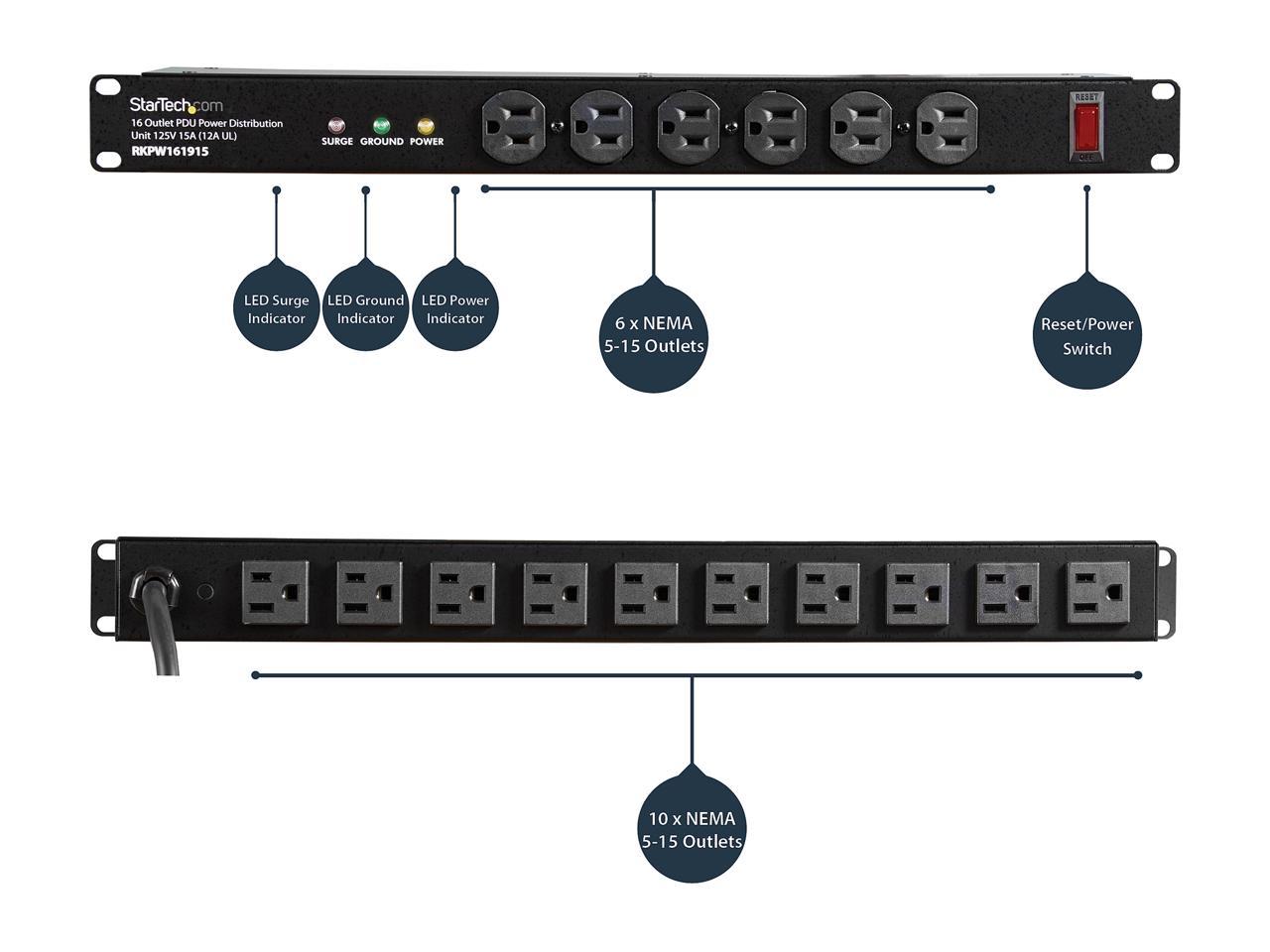StarTech.com RKPW161915A 19in 1U Rackmount 16 Outlet PDU Power Distribution Unit 125V 15A (12A UL)