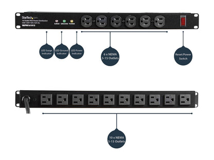 StarTech.com RKPW161915A 19in 1U Rackmount 16 Outlet PDU Power Distribution Unit 125V 15A (12A UL)