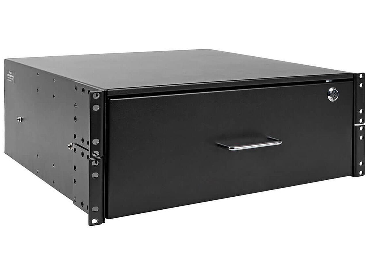 4U drawer mounts in EIA-standard 19 in. 2-post rack to store tools, notes, cables, computer discs and other essential rack equipment accessories up to 50 lb