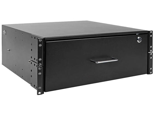 4U drawer mounts in EIA-standard 19 in. 2-post rack to store tools, notes, cables, computer discs and other essential rack equipment accessories up to 50 lb