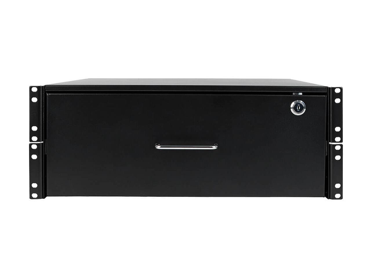 4U drawer mounts in EIA-standard 19 in. 2-post rack to store tools, notes, cables, computer discs and other essential rack equipment accessories up to 50 lb
