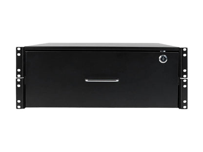 4U drawer mounts in EIA-standard 19 in. 2-post rack to store tools, notes, cables, computer discs and other essential rack equipment accessories up to 50 lb