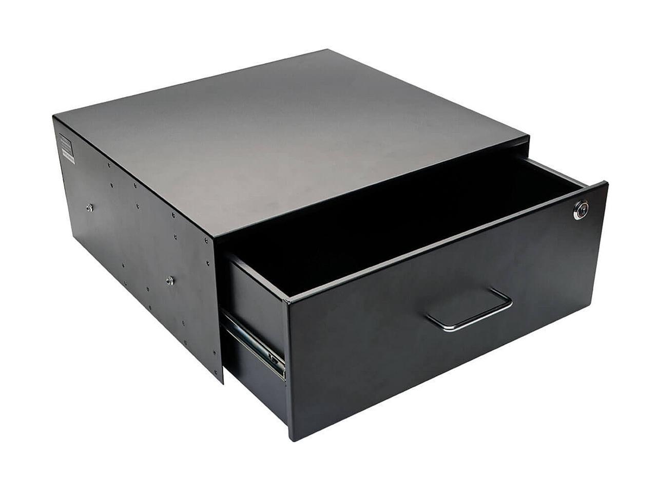 4U drawer mounts in EIA-standard 19 in. 2-post rack to store tools, notes, cables, computer discs and other essential rack equipment accessories up to 50 lb