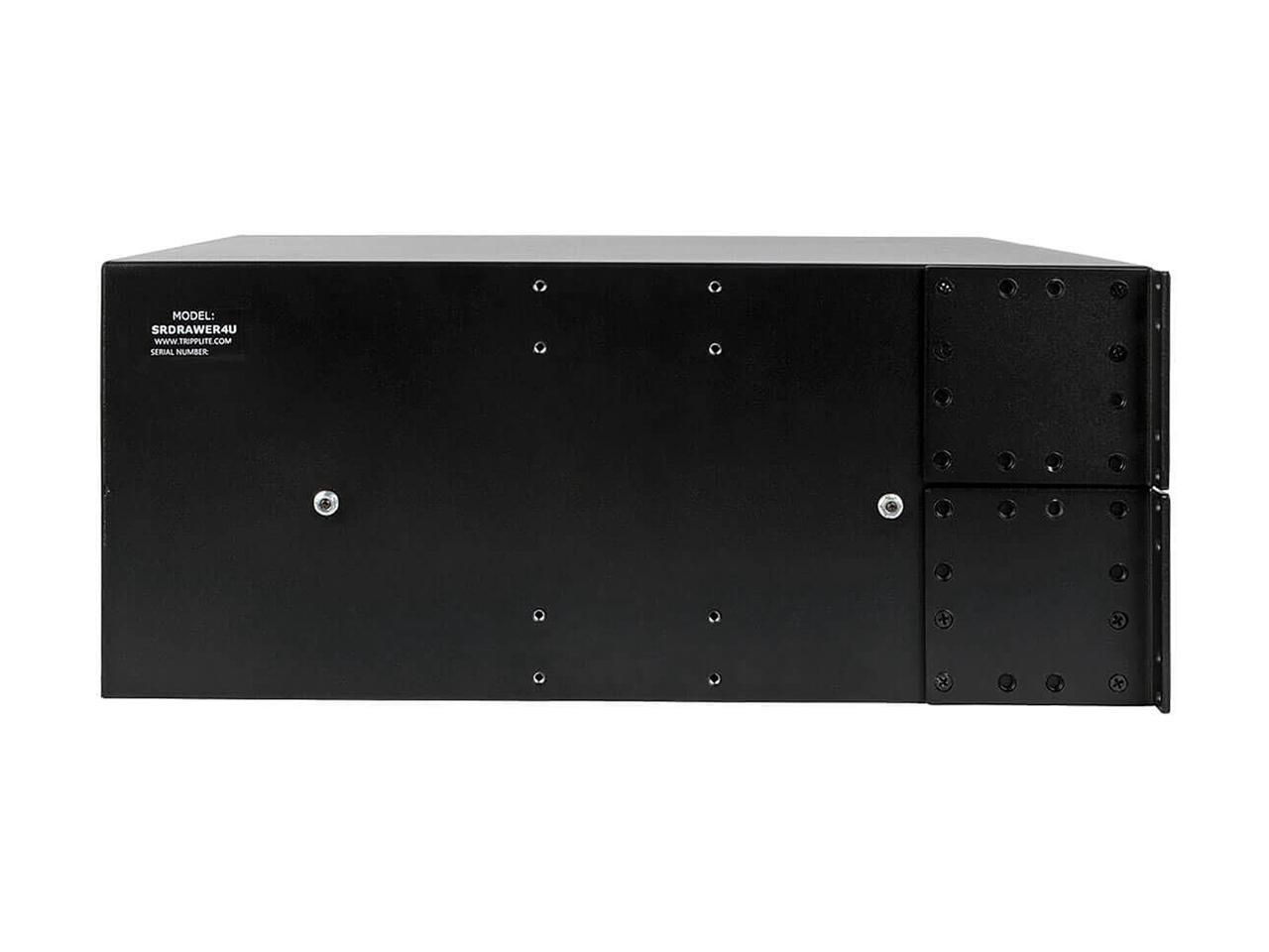 4U drawer mounts in EIA-standard 19 in. 2-post rack to store tools, notes, cables, computer discs and other essential rack equipment accessories up to 50 lb