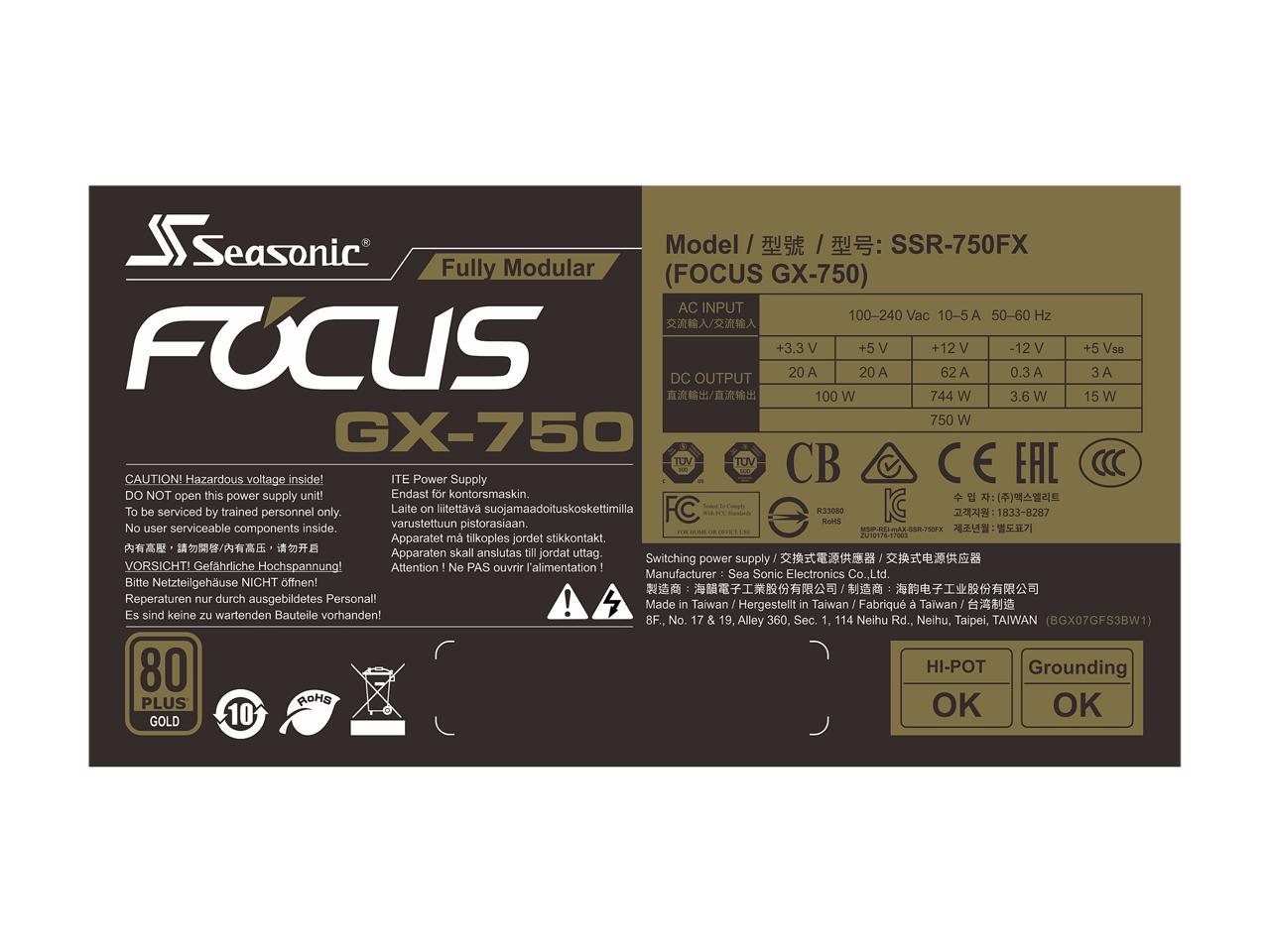 Seasonic FOCUS GX-750, 750W 80+ Gold, Full-Modular, Fan Control in Fanless, Silent, and Cooling Mode, 10 Year Warranty, Perfect Power Supply for Gaming and Various Application, SSR-750FX.