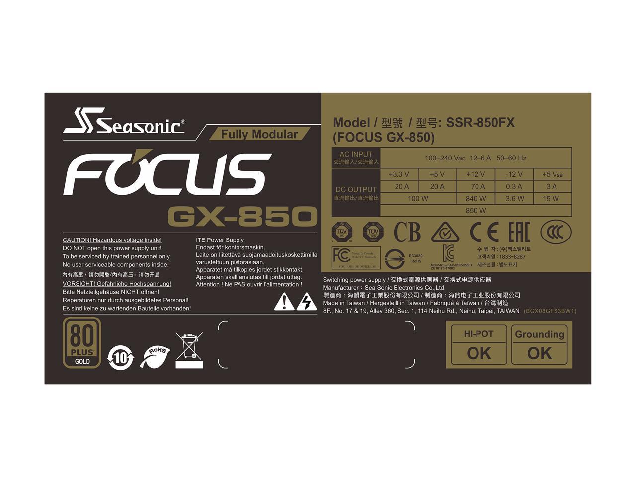 Seasonic FOCUS GX-850, 850W 80+ Gold, Full-Modular, Fan Control in Fanless, Silent, and Cooling Mode, 10 Year Warranty, Perfect Power Supply for Gaming and Various Application, SSR-850FX.