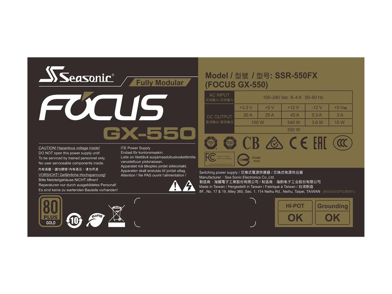 Seasonic FOCUS GX-550, 550W 80+ Gold, Full-Modular, Fan Control in Fanless, Silent, and Cooling Mode, 10 Year Warranty, Perfect Power Supply for Gaming and Various Application, SSR-550FX.