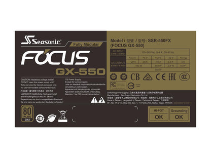 Seasonic FOCUS GX-550, 550W 80+ Gold, Full-Modular, Fan Control in Fanless, Silent, and Cooling Mode, 10 Year Warranty, Perfect Power Supply for Gaming and Various Application, SSR-550FX.