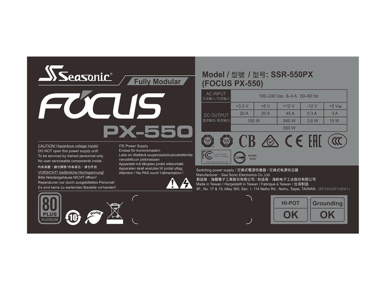 Seasonic FOCUS PX-550, 550W 80+ Platinum Full-Modular, Fan Control in Fanless, Silent, and Cooling Mode, 10 Year Warranty, Perfect Power Supply for Gaming and Various Application, SSR-550PX.