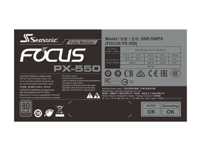 Seasonic FOCUS PX-550, 550W 80+ Platinum Full-Modular, Fan Control in Fanless, Silent, and Cooling Mode, 10 Year Warranty, Perfect Power Supply for Gaming and Various Application, SSR-550PX.