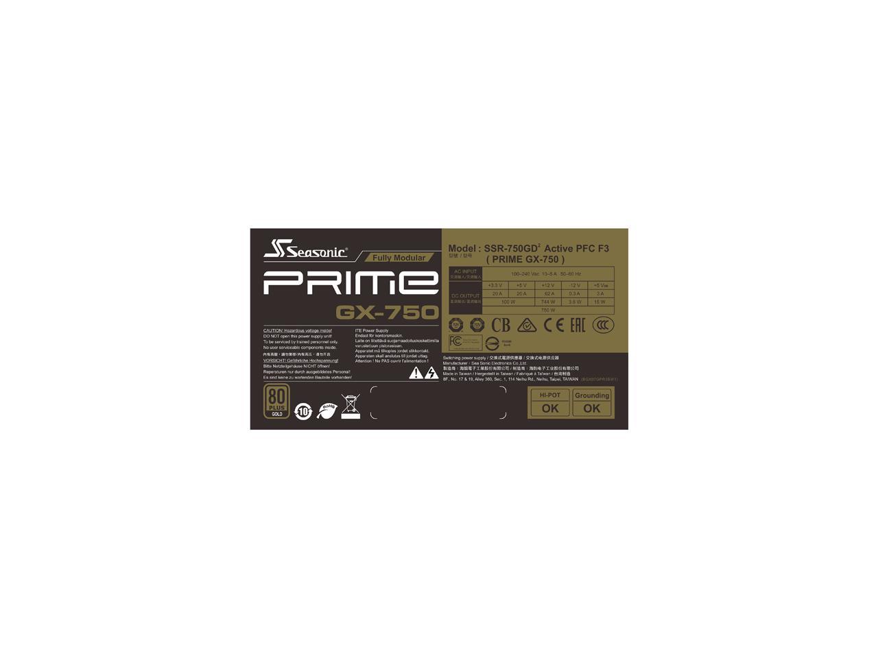 Seasonic PRIME GX-750, 750W 80+ Gold, Full Modular, Fan Control in Fanless, Silent, and Cooling Mode, 12 Year Warranty, Perfect Power Supply for Gaming and High-Performance Systems, SSR-750GD2.