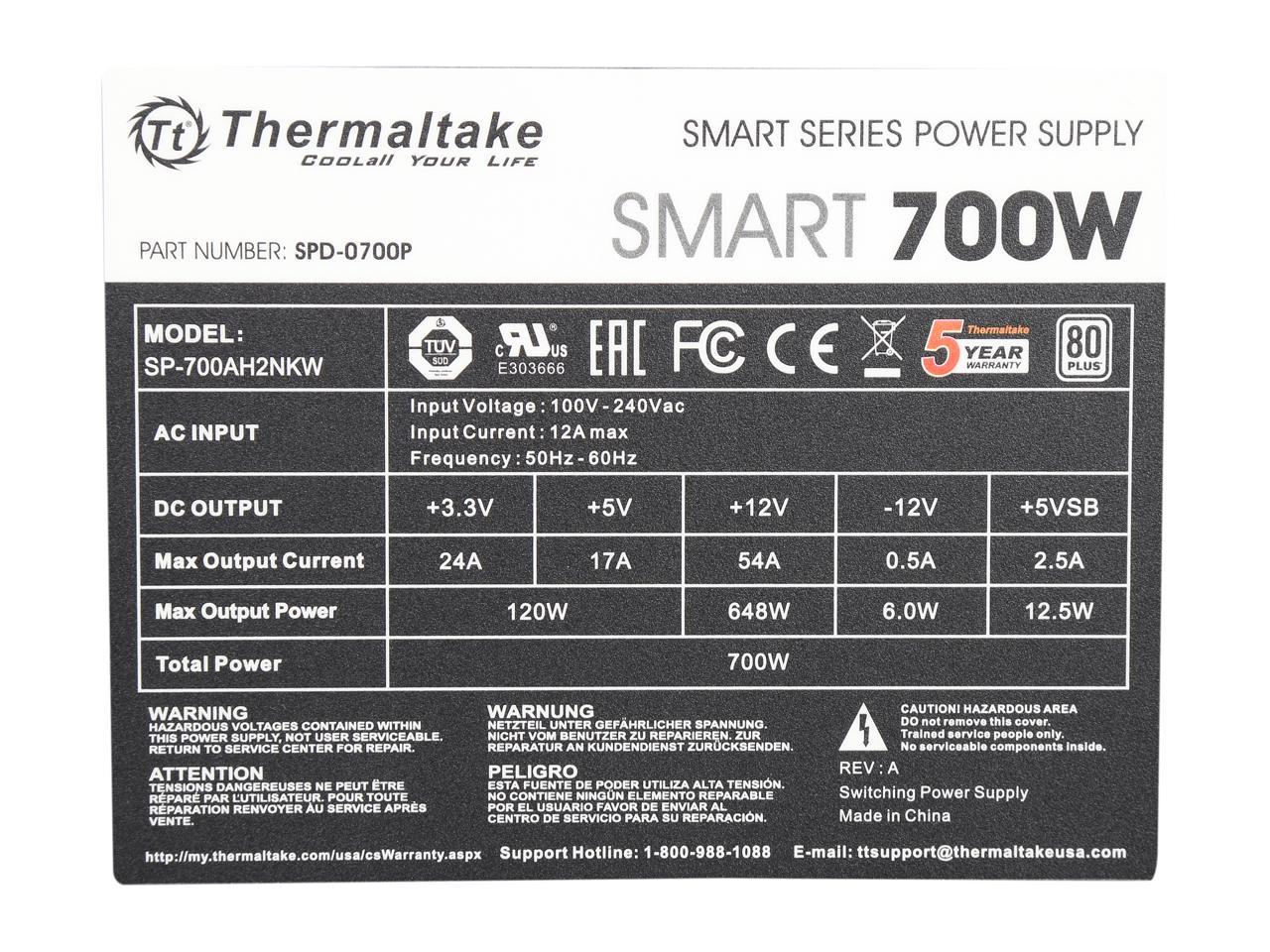Thermaltake Smart Series 700W SLI / CrossFire Ready Continuous Power ATX12V V2.3 / EPS12V 80 PLUS Certified Active PFC Power Supply Haswell Ready PS-SPD-0700NPCWUS-W