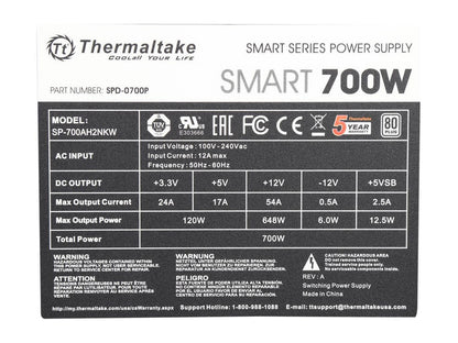 Thermaltake Smart Series 700W SLI / CrossFire Ready Continuous Power ATX12V V2.3 / EPS12V 80 PLUS Certified Active PFC Power Supply Haswell Ready PS-SPD-0700NPCWUS-W