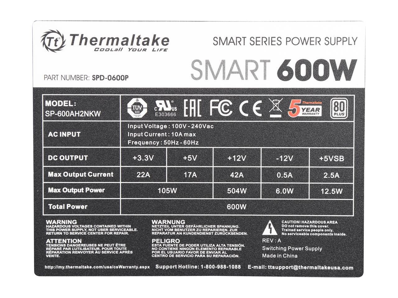Thermaltake Smart Series 600W SLI / CrossFire Ready Continuous Power ATX12V V2.3 / EPS12V 80 PLUS Certified Active PFC Power Supply Haswell Ready PS-SPD-0600NPCWUS-W