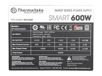 Thermaltake Smart Series 600W SLI / CrossFire Ready Continuous Power ATX12V V2.3 / EPS12V 80 PLUS Certified Active PFC Power Supply Haswell Ready PS-SPD-0600NPCWUS-W