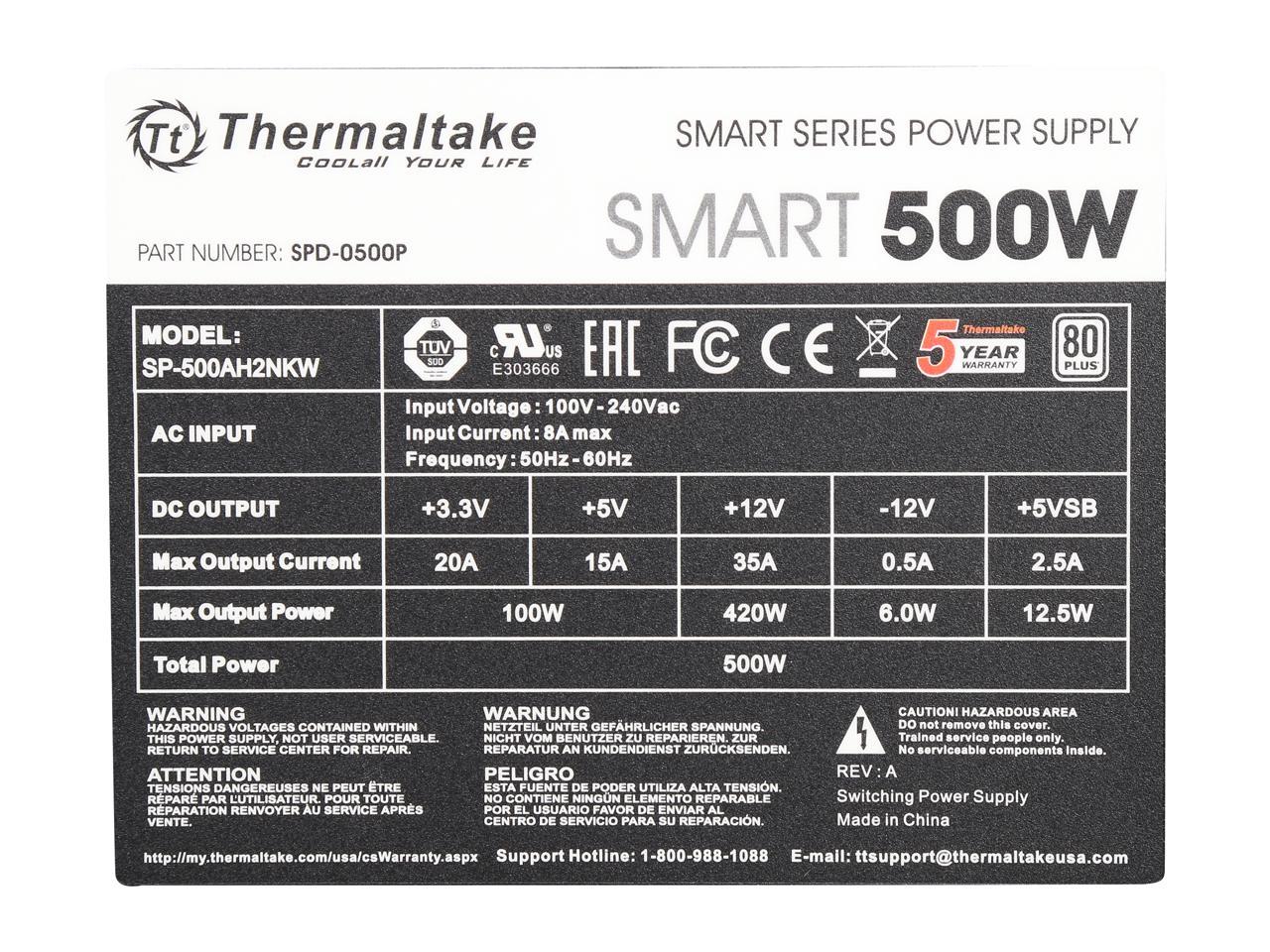 Thermaltake Smart Series 500W SLI/CrossFire Ready Continuous Power ATX 12V V2.3 / EPS 12V 80 PLUS Certified Active PFC Power Supply Haswell Ready PS-SPD-0500NPCWUS-W