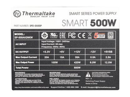 Thermaltake Smart Series 500W SLI/CrossFire Ready Continuous Power ATX 12V V2.3 / EPS 12V 80 PLUS Certified Active PFC Power Supply Haswell Ready PS-SPD-0500NPCWUS-W