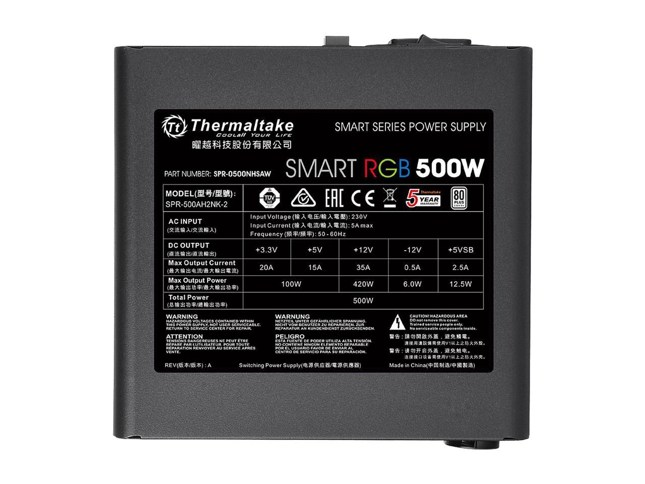 Thermaltake Smart RGB Series 500W SLI/CrossFire Ready Continuous Power ATX 12V V2.3 80 PLUS Certified 5 Year Warranty Active PFC Power Supply Haswell Ready PS-SPR-0500NHFAWU-1