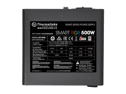 Thermaltake Smart RGB Series 500W SLI/CrossFire Ready Continuous Power ATX 12V V2.3 80 PLUS Certified 5 Year Warranty Active PFC Power Supply Haswell Ready PS-SPR-0500NHFAWU-1