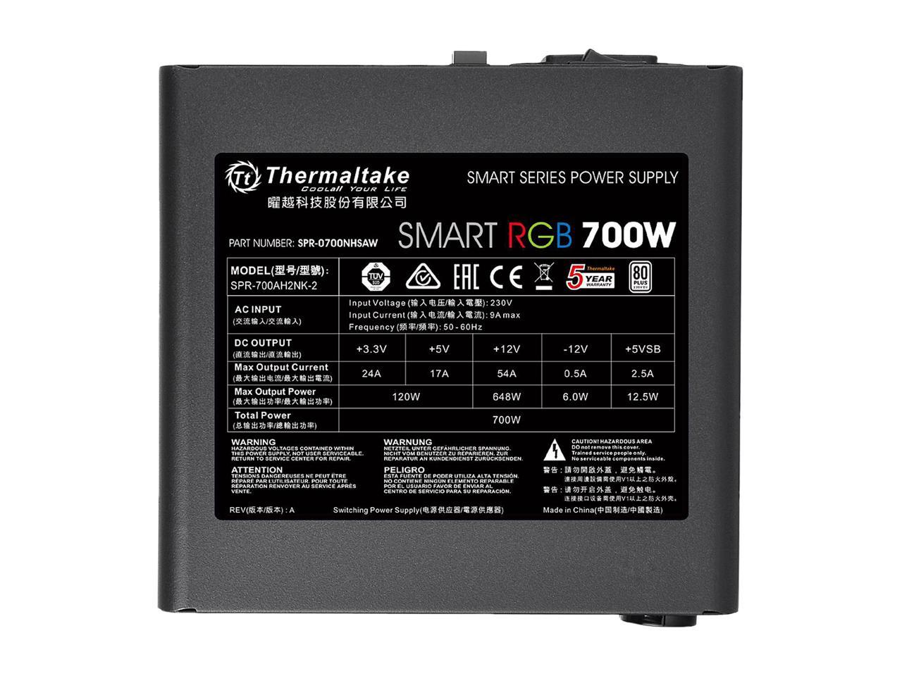 Thermaltake Smart RGB Series 700W SLI/CrossFire Ready Continuous Power ATX 12V V2.3 80 PLUS Certified 5 Year Warranty Active PFC Power Supply Haswell Ready PS-SPR-0700NHFAWU-1