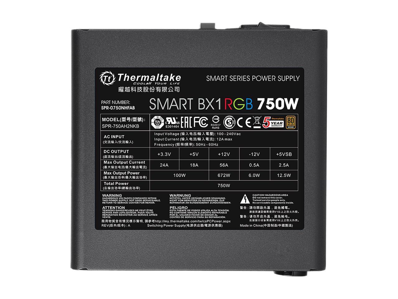Thermaltake Smart BX1 RGB 750W Bronze SLI/ CrossFire Ready Continuous Power RGB LED ATX12V v2.3 / EPS v2.92 80 PLUS Bronze Certified 5 Year Warranty Non Modular Power Supply PS-SPR-0750NHFABU-1