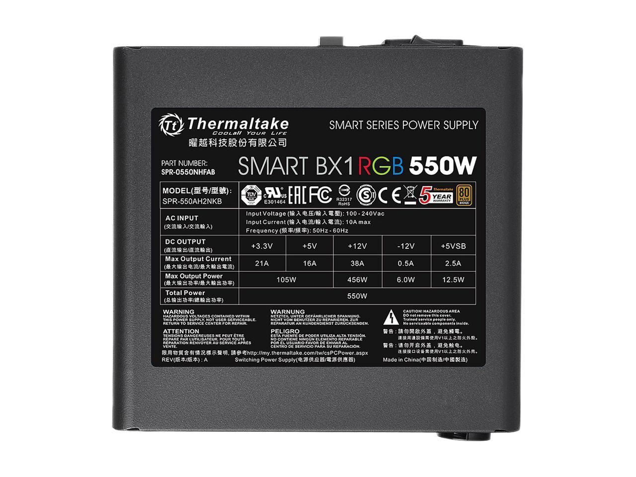 Thermaltake Smart BX1 RGB 550W Bronze SLI/ CrossFire Ready Continuous Power RGB LED ATX12V v2.3 / EPS v2.92 80 PLUS Bronze Certified 5 Year Warranty Non Modular Power Supply PS-SPR-0550NHFABU-1