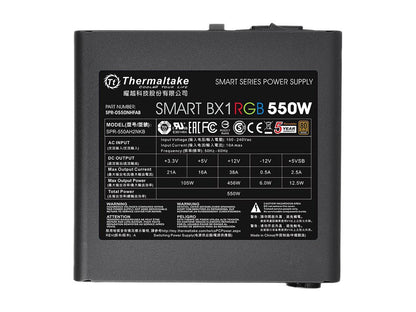Thermaltake Smart BX1 RGB 550W Bronze SLI/ CrossFire Ready Continuous Power RGB LED ATX12V v2.3 / EPS v2.92 80 PLUS Bronze Certified 5 Year Warranty Non Modular Power Supply PS-SPR-0550NHFABU-1