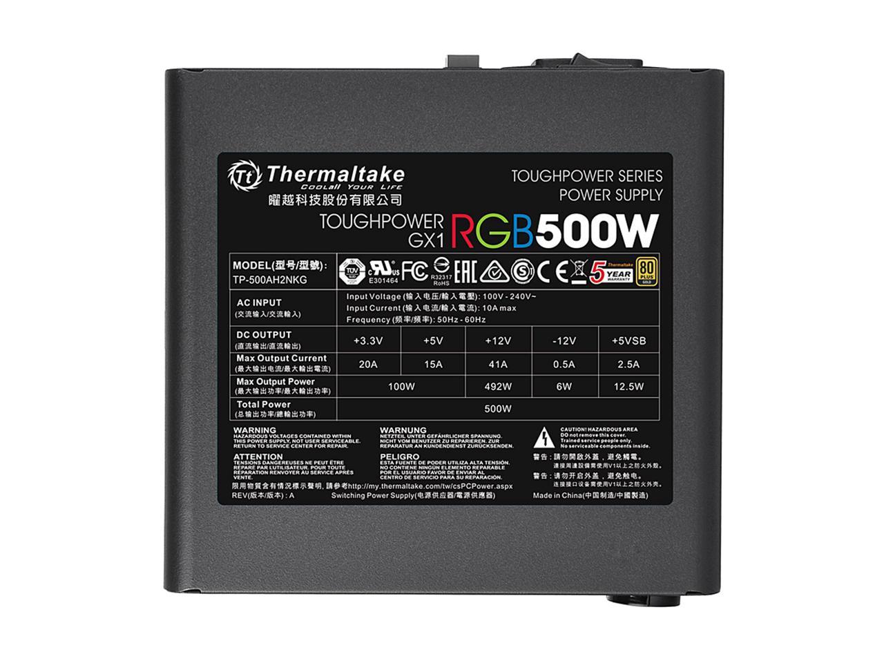 Thermaltake Toughpower GX1 RGB 500W ATX 12V v2.4 and EPS v2.92 80 PLUS GOLD Certified Active PFC Power Supply PS-TPD-0500NHFAGU-1