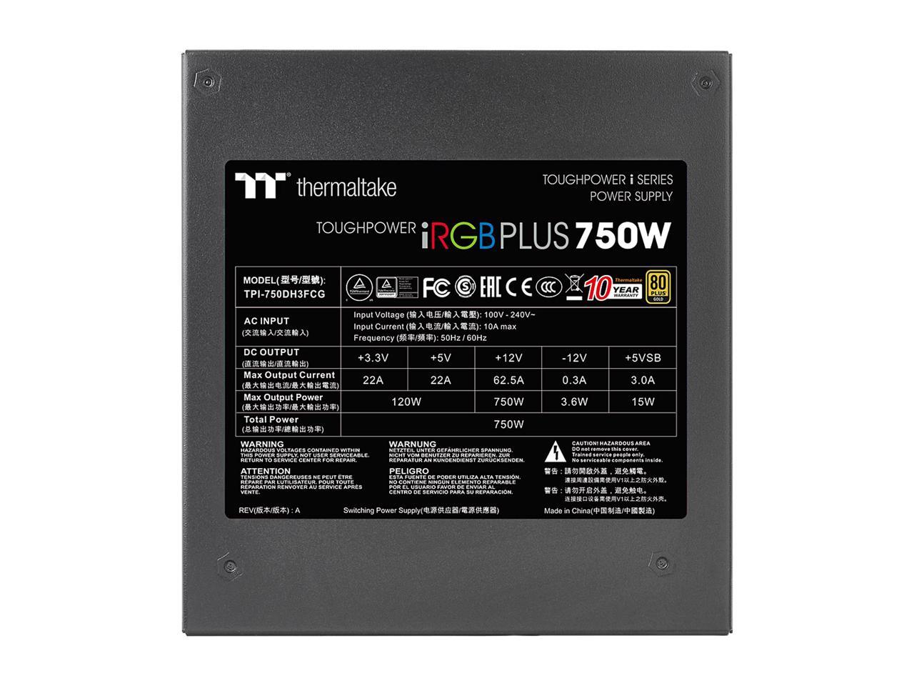 Thermaltake Toughpower iRGB PLUS 750W 80+ Gold SLI/ CrossFire Ready RGB LED ATX12V v2.4/ EPS v2.92 10 Year Warranty Fully Modular Digital Power Supply PS-TPI-0750F3FDGU-1