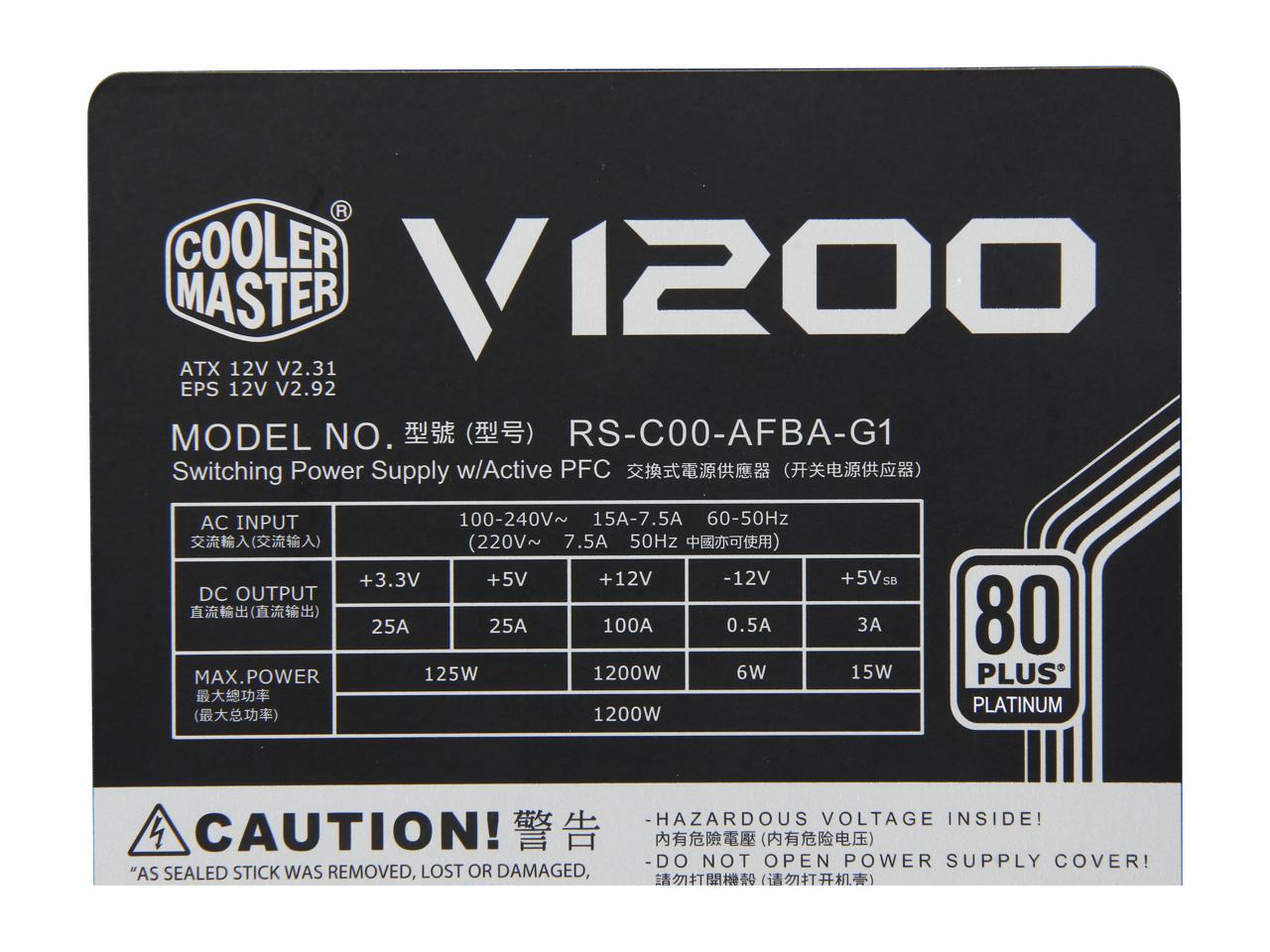 Cooler Master V1200 - Fully Modular 1200W 80 PLUS Platinum PSU with Silent Fanless Mode Operation