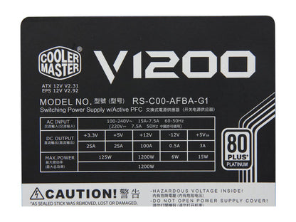 Cooler Master V1200 - Fully Modular 1200W 80 PLUS Platinum PSU with Silent Fanless Mode Operation
