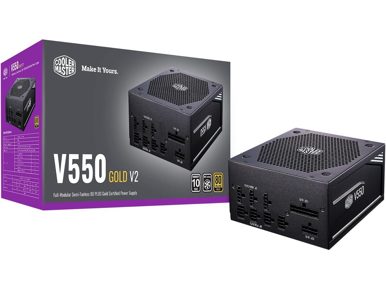 Cooler Master V550 Gold V2 Full Modular, 550W, 80+ Gold Efficiency, Semi-fanless Operation, 16AWG PCIe High-efficiency Cables, 10 Year Warranty
