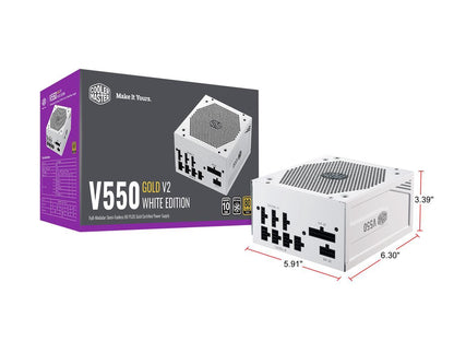 Cooler Master V550 Gold White Edition V2 Full Modular, 550W, 80+ Gold Efficiency, Semi-fanless Operation, 16AWG PCIe High-efficiency Cables, 10 Year Warranty
