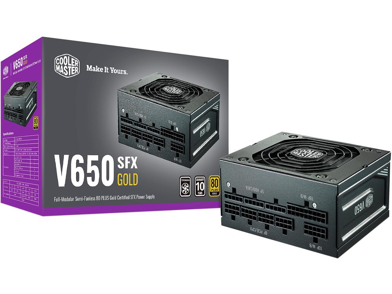 Cooler Master V650 SFX Gold Full Modular, 650W, 80+ Gold Efficiency, ATX Bracket Included, Quiet FDB Fan, Semi-fanless Operation, SFX Form Factor, 10 Year Warranty