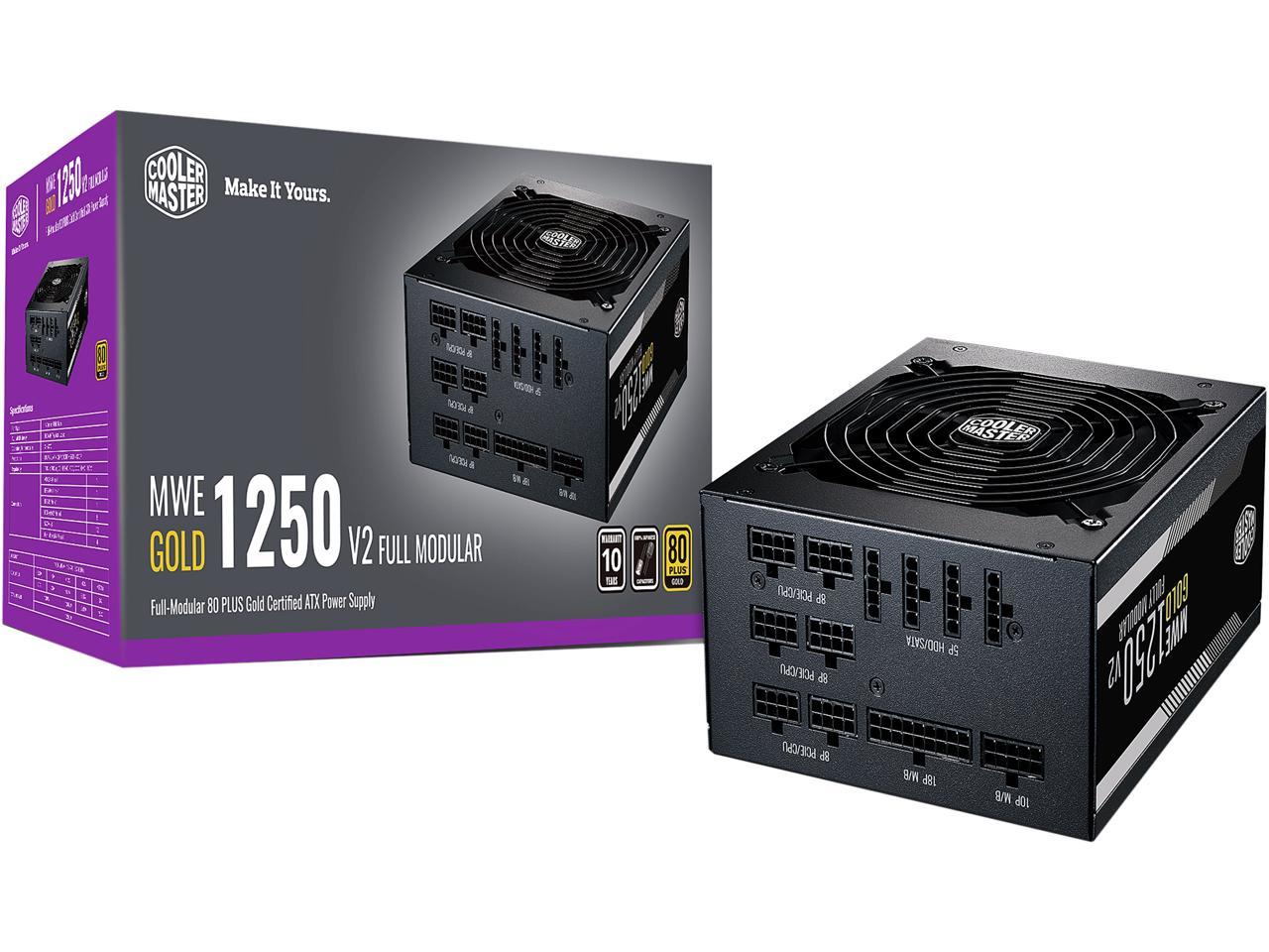 Cooler Master MWE Gold 1250 V2 Fully Modular, 1250W, 80+ Gold Efficiency, Quiet 140mm FDB Fan, 2 EPS Connectors, High Temperature Resilience, 10 Year Warranty