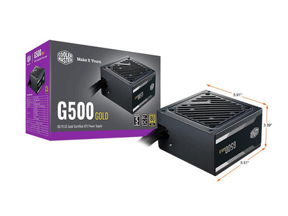Cooler Master G500 Gold Power Supply, 500W 80+ Gold Efficiency, Intel ATX Version 2.52, Fixed Flat Black Cables. Quiet HDB Fan, 5 Year Warranty