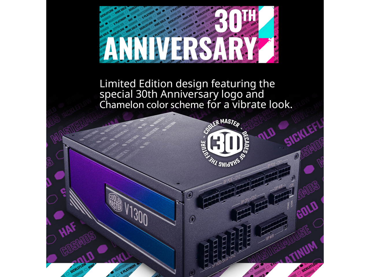 Cooler Master V1300 Platinum 30th Anniversary Fully Modular, 1300W, 80+ Platinum, 135mm FDB Silent Fan, Single/Multi-Rail Switch, Intel ATX 12V Ver 2.53, 100% Japanese Capacitors (MPZ-D001-AFBAPV-WU)